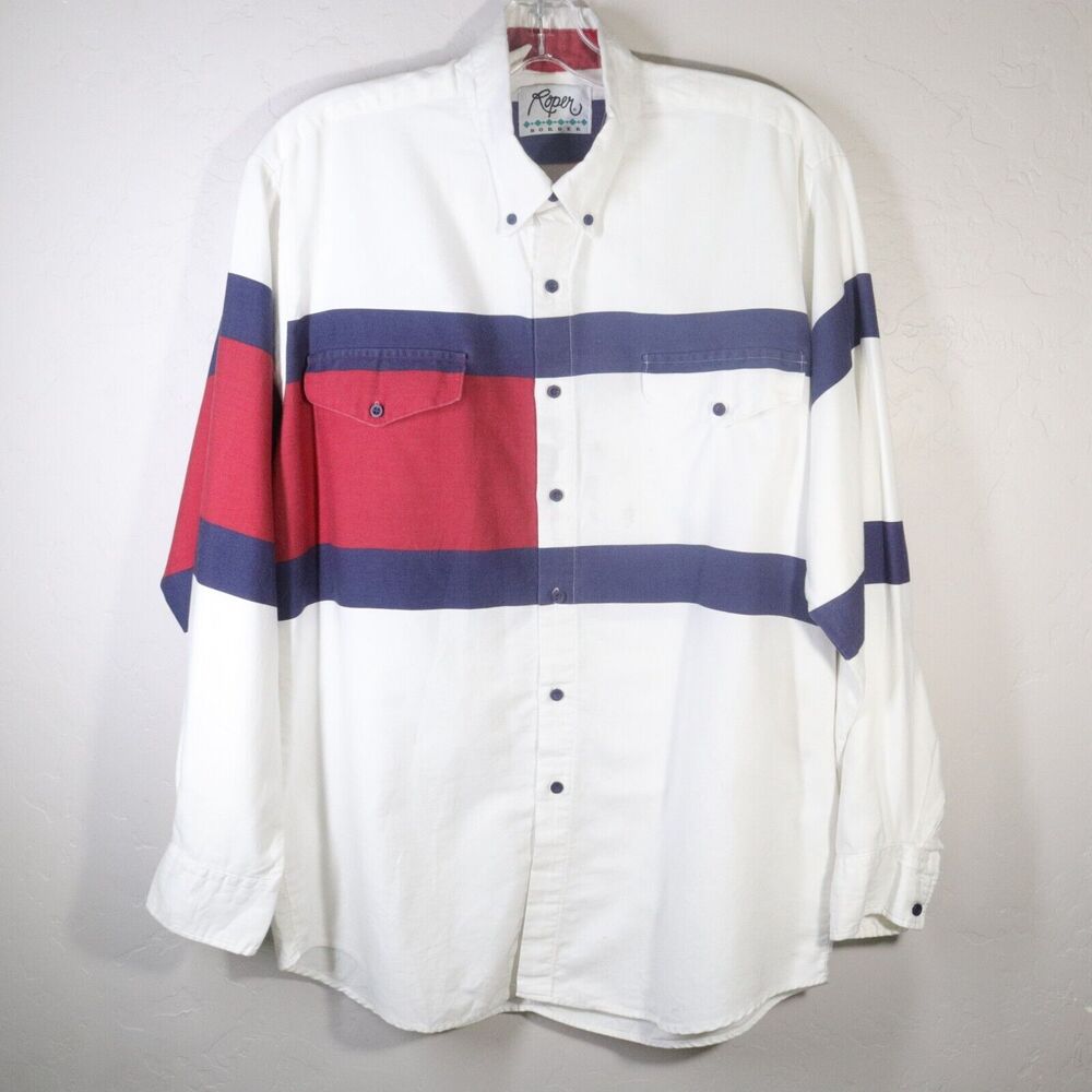 Vintage Roper Border Shirt Mens Red White Blue Long Sleeve Shirt Button Front